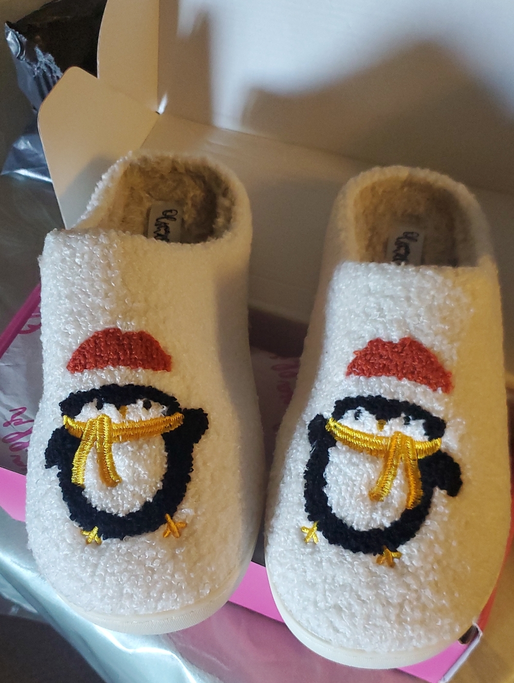 Cozy Cream Penguin Slippers Embroidered Yellow Scarf